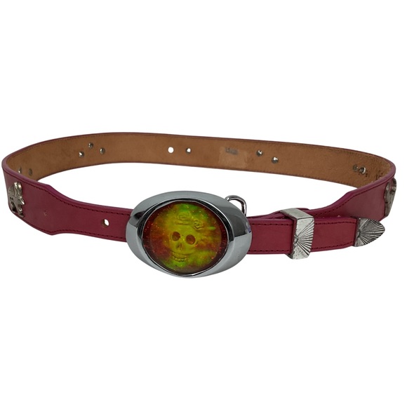 Vintage Red Leather Belt Animal Studs & Custom Skull Buckle Western Biker main image 8